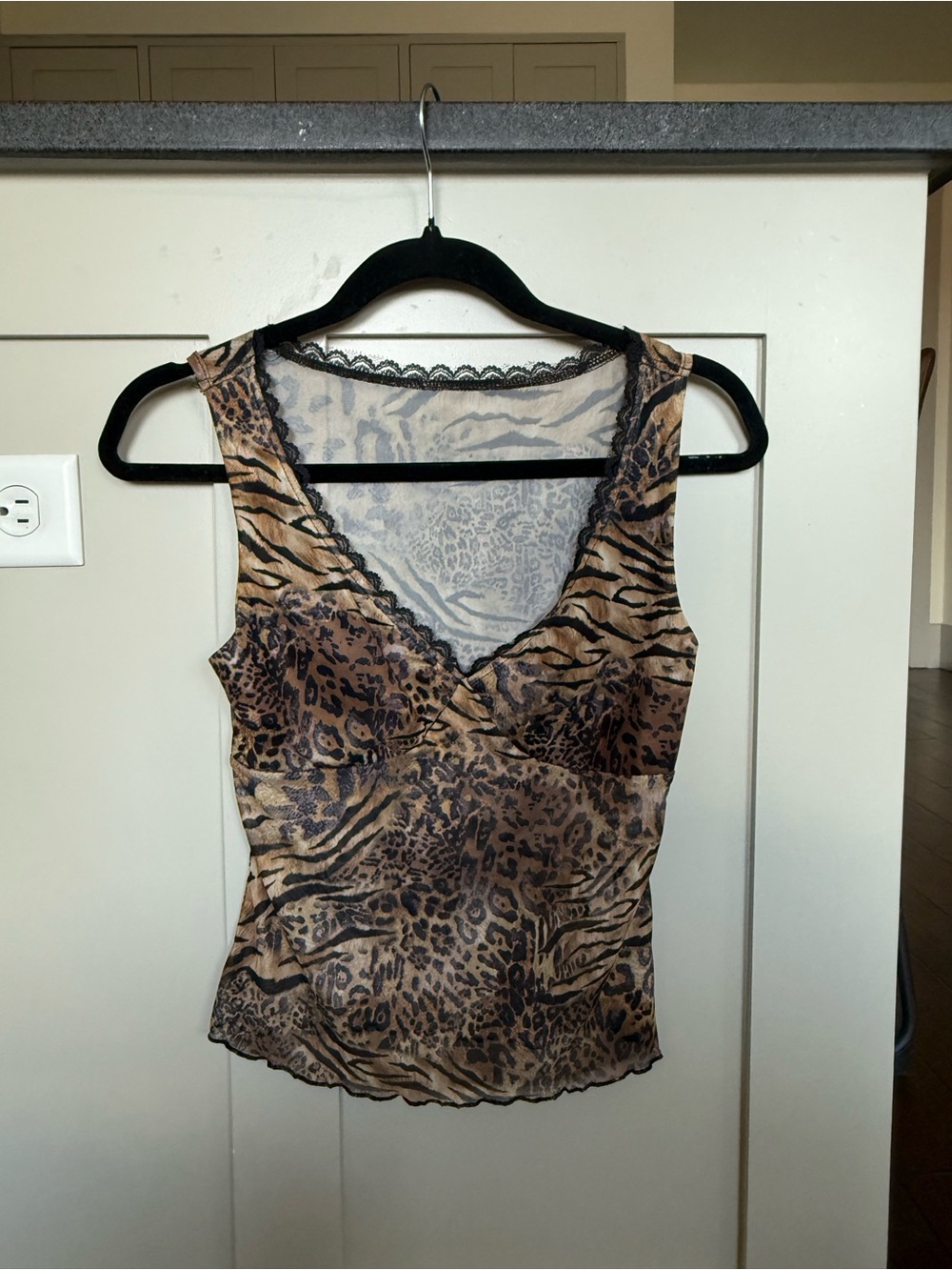 SHEIN Brown Animal Print Lace-Trim V-Neck Camisole